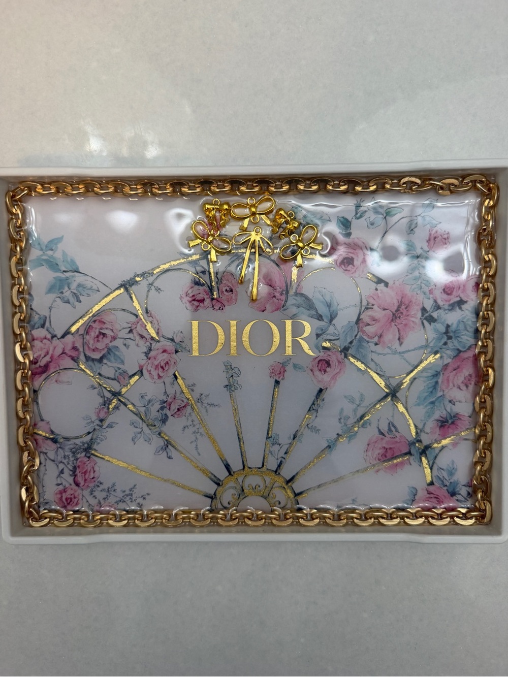 Dior Pink & Blue Floral Pouch with Gold Chain Trim